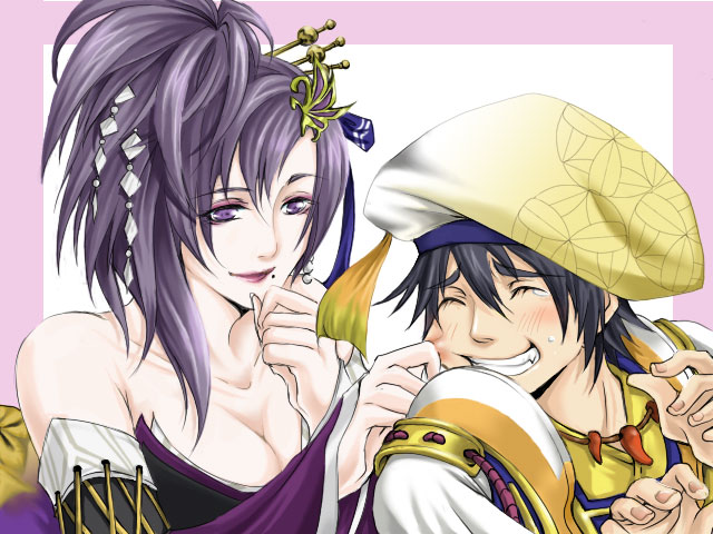 beret black_hair breasts butterfly_hair_ornament cleavage closed_eyes detached_sleeves eyeshadow grin hair_between_eyes hair_ornament hand_on_another&#039;s_cheek hand_on_another&#039;s_face hat japanese_clothes kimono lips lipstick magatama makeup mole mole_under_mouth nouhime purple_eyes purple_hair sengoku_musou smile takenaka_hanbei tears yukata