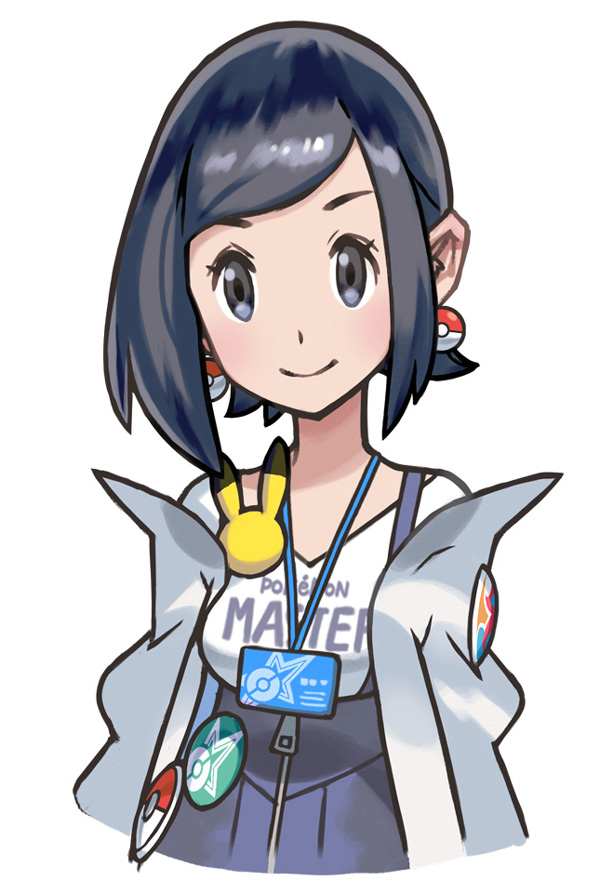 1girl badge black_eyes black_hair blue_skirt blush body_blush breasts button_badge character_badge clothes_writing collarbone copyright_name earrings gen_1_pokemon gen_2_pokemon hair_behind_ear id_card jacket jewelry kana_(pokemon) medium_breasts nintendo off-shoulder_jacket off_shoulder official_art open_clothes open_jacket pikachu poke_ball_earrings poke_ball_print poke_ball_symbol poke_ball_theme pokemon pokemon_(creature) pokemon_masters_ex porygon2 shirt skirt smile solo star_(symbol) star_print suspender_skirt suspenders upper_body white_background white_jacket white_shirt zipper_pull_tab