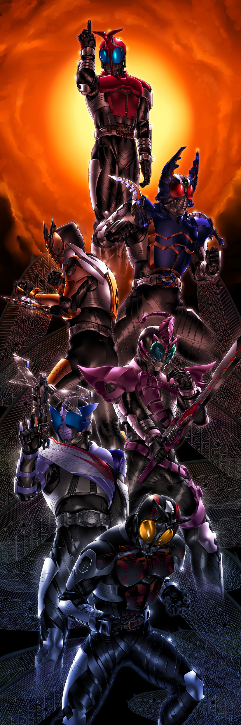 6+boys absurdres belt everyone gun highres kamen_rider kamen_rider_dark_kabuto kamen_rider_drake kamen_rider_gatack kamen_rider_kabuto kamen_rider_kabuto_(series) kamen_rider_sasword kamen_rider_thebee long_image male_focus multiple_boys suzume_inui sword tall_image weapon