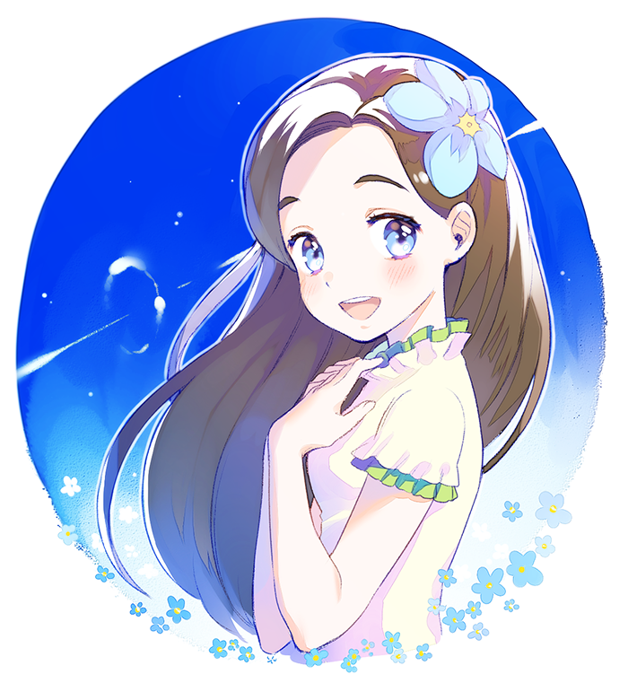 10s 1girl bad_id bad_pixiv_id blue_eyes blue_sky blush brown_hair circle day dress female_focus flower flower_symbol flower_fairy_(osomatsu-kun) hair_flower hair_intakes hair_ornament jitter long_hair looking_at_viewer osomatsu-kun osomatsu-san osomatsu_(series) round_image sky smile solo sundress