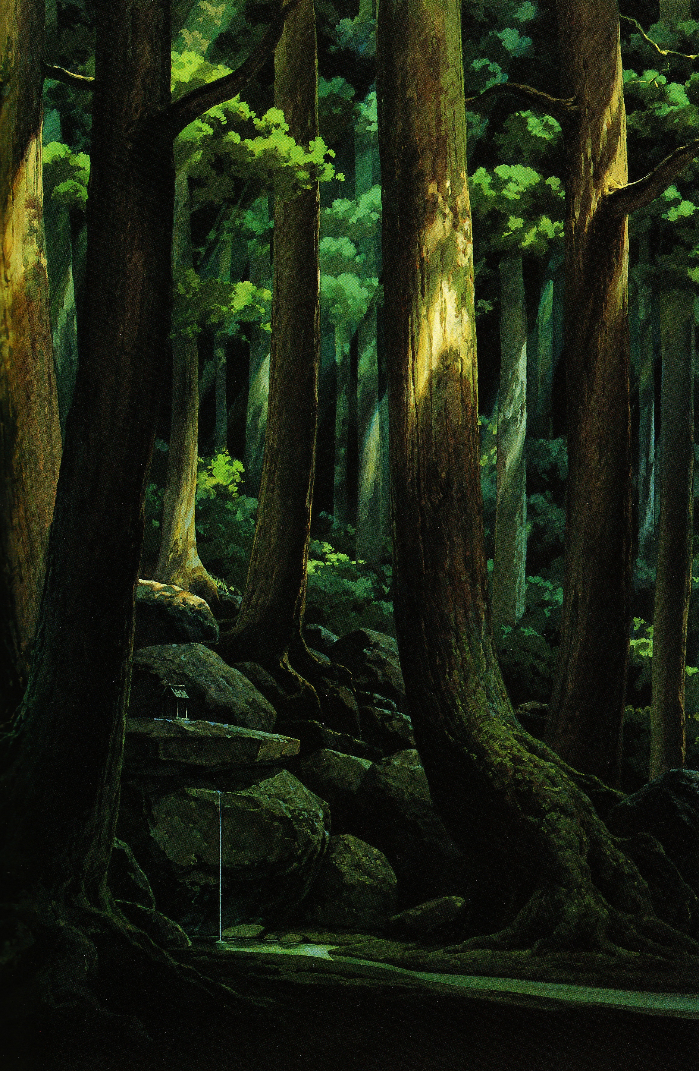 absurdres dark day dripping foliage forest highres kamidana mononoke_hime nature no_humans official_art oga_kazuo outdoors painting_(medium) rock scan scenery shade stream third-party_source traditional_media tree