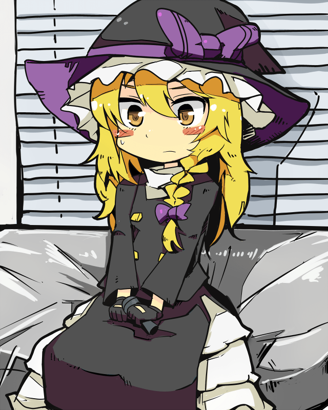 1girl ayuki_(47881314) black_coat black_gloves black_hat blonde_hair blush blush_stickers bow braid buttons closed_mouth coat commentary_request cookie_(touhou) cowboy_shot frilled_hat frills frown gloves hair_bow hat hat_bow holding holding_microphone kirisame_marisa long_hair looking_down manatsu_no_yo_no_inmu meme microphone petticoat purple_bow rei_(cookie) side_braid single_braid sitting solo touhou window_blinds witch_hat yellow_eyes yjsnpi_interview_(meme)