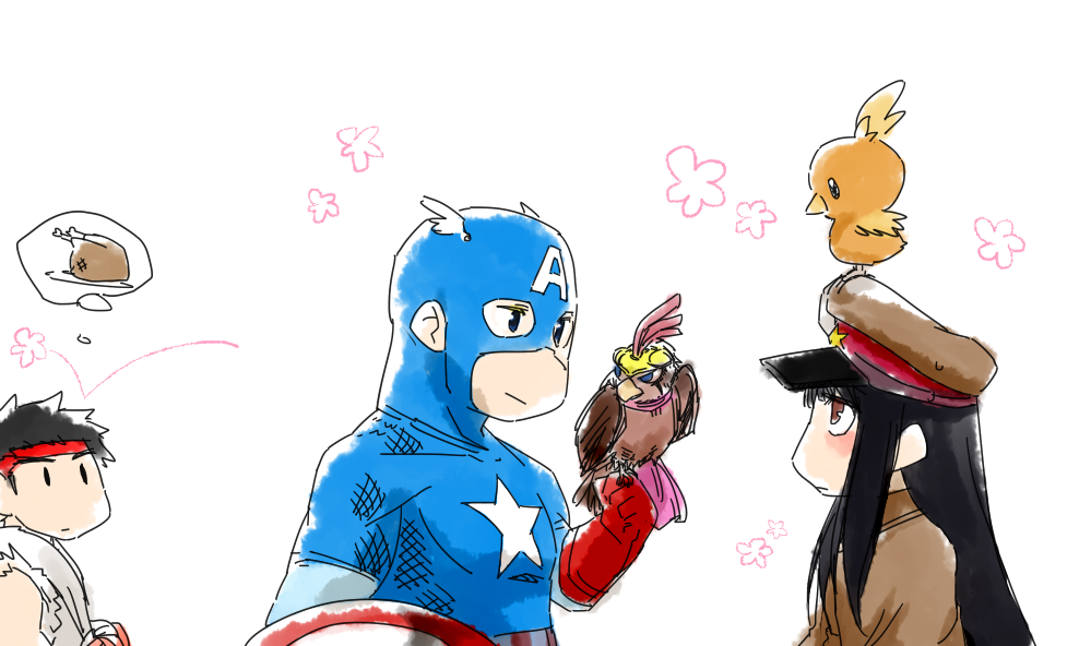 1girl 2boys animal animal_on_head bird bird_on_hand bird_on_head blue_bodysuit bodysuit brown_hat captain_america chibi chibi_only commentary_request creatures_(company) crossover falcon flower game_freak gen_3_pokemon gloves hanachirasu hat ishima_kaigen jojo_no_kimyou_na_bouken long_hair looking_at_another m.u.g.e.n marvel_vs._capcom military_uniform mo_(wkmdw) multiple_boys multiple_crossover nintendo nitro+royale on_head pet_shop pink_flower pokemon red_gloves ryu_(street_fighter) shield speech_bubble spoken_food star_(symbol) street_fighter superhero_costume thought_bubble torchic white_background