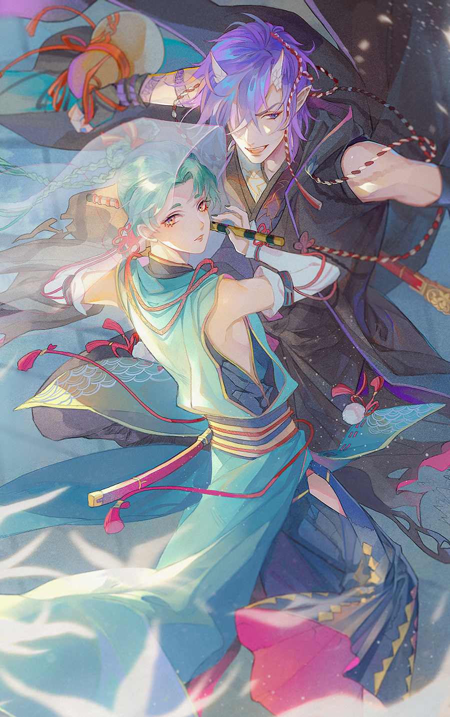 2boys aqua_hair bishounen braid character_request detached_sleeves facial_mark flower gloves green_hair hair_ornament hair_over_one_eye highres holding holding_weapon horns icchi_banketsu japanese_clothes jewelry looking_at_viewer male_focus multiple_boys oni open_mouth pants pointy_ears purple_eyes purple_hair short_hair single_horn sleeveless smile tassel weapon wide_sleeves yellow_eyes yinzinmiemie