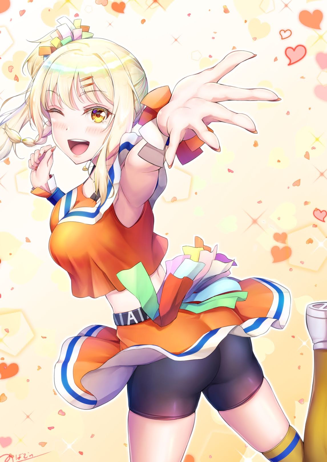 1girl ass bare_shoulders bike_shorts blonde_hair blush breasts fingernails hair_ornament hairclip highres large_breasts long_fingernails long_hair looking_at_viewer love_live! love_live!_nijigasaki_high_school_idol_club medium_breasts miyashita_ai novady one_eye_closed open_mouth orange_eyes sharp_fingernails skirt smile solo thighhighs wink
