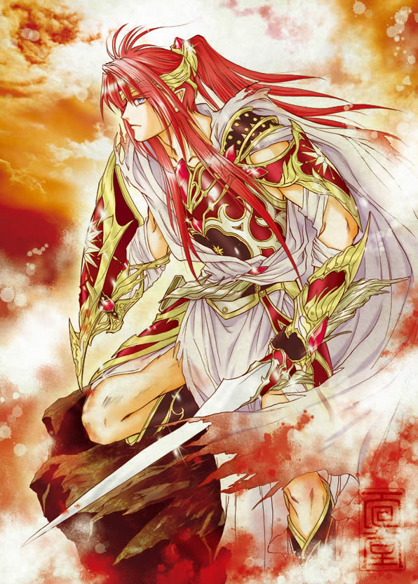 1boy armor closed_mouth commentary english_commentary from_side glint holding holding_shield holding_sword holding_weapon kazuki-mendou tolkien&#039;s_legendarium long_hair maedhros male_focus photoshop_(medium) pointy_ears ponytail purple_eyes red_hair red_theme shield solo sword the_silmarillion tunic weapon