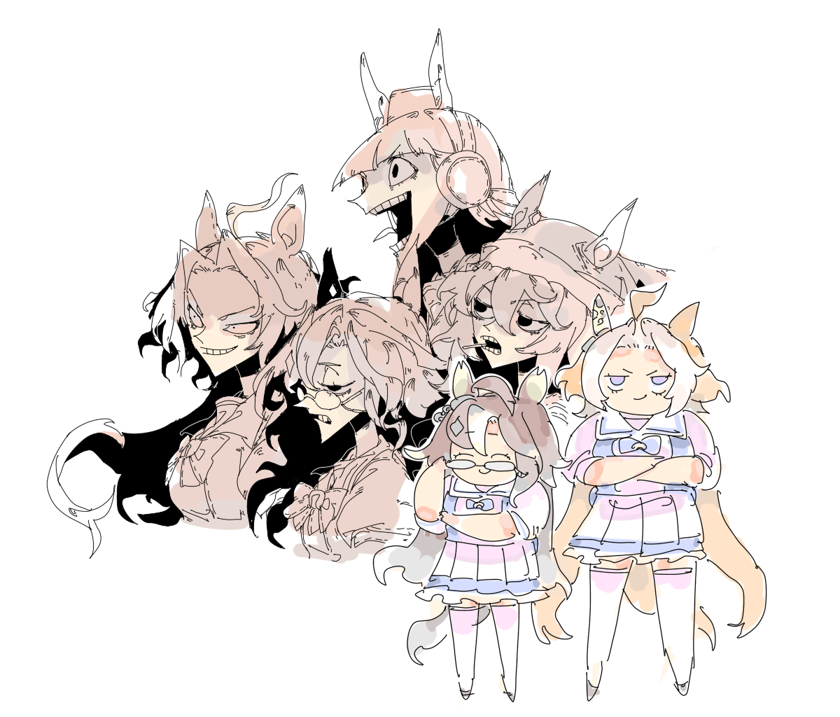 4girls adjusting_eyewear ahoge animal_ears beanie blunt_bangs bow bowtie brown_hair commentary crazy_eyes crossed_arms deformed dream_journey_(umamusume) ear_covers ear_ornament ears_through_headwear eyewear_strap from_side getter_robo getter_team_pose_(meme) glasses gold_ship_(umamusume) hair_between_eyes hat headgear horse_ears horse_girl horse_tail huge_ahoge long_hair meme multiple_girls nakayama_festa_(umamusume) orfevre_(umamusume) oshaka_(haguki) pillbox_hat pleated_skirt puffy_short_sleeves puffy_sleeves purple_bow purple_bowtie purple_eyes purple_shirt sailor_collar sailor_shirt school_uniform shirt short_sleeves single_ear_cover single_hair_intake skirt smile summer_uniform symbol-only_commentary tail thighhighs tongue tongue_out tracen_school_uniform umamusume v-shaped_eyebrows very_long_hair white_hair white_sailor_collar white_skirt white_thighhighs