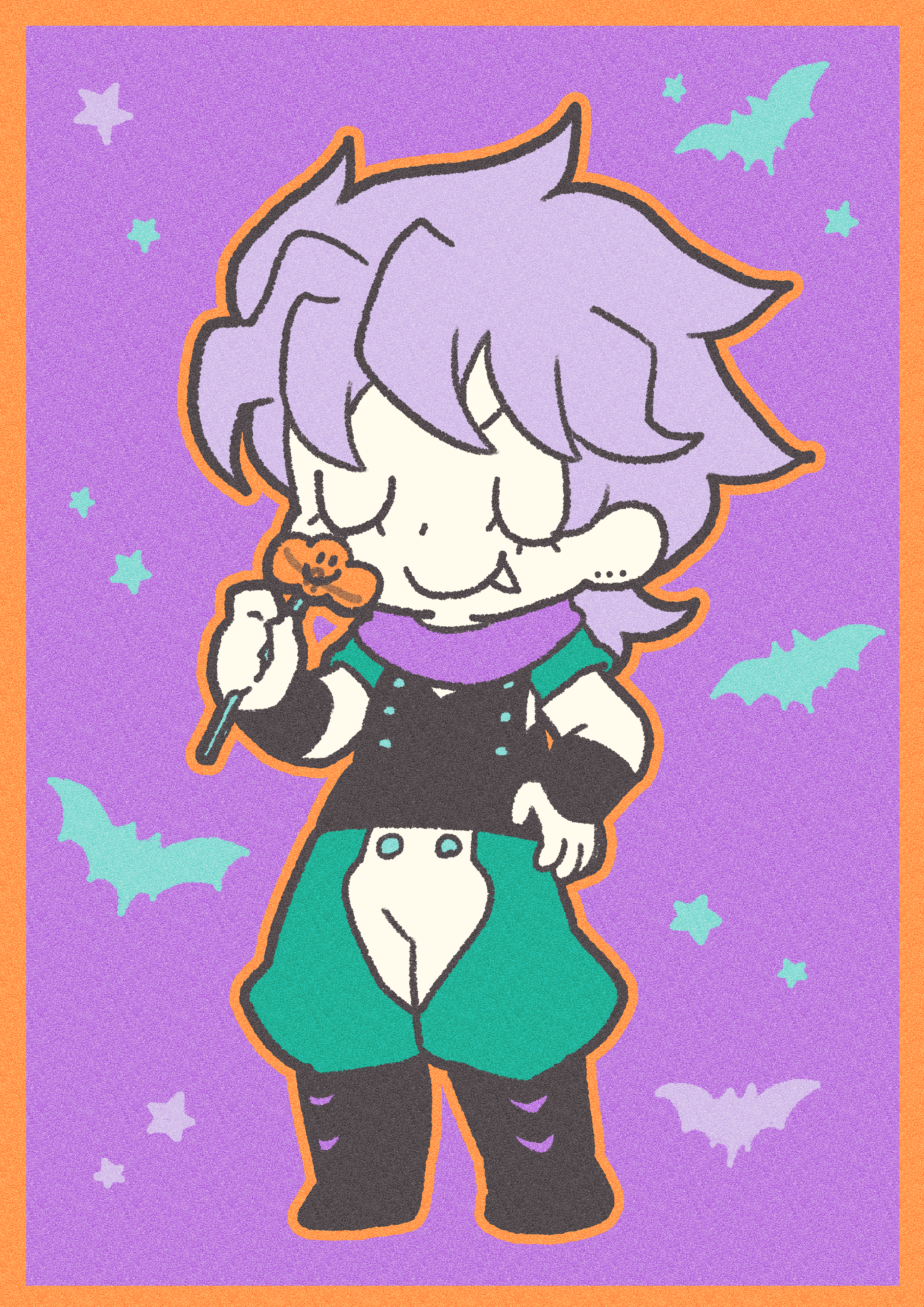 1boy absurdres bat_(animal) black_boots black_vest boots border candy chibi closed_eyes closed_mouth colored_skin dio_brando ear_birthmark fang fang_out food full_body green_pants green_shirt halloween hand_on_own_hip highres holding jojo_no_kimyou_na_bouken lollipop m_a_a_m_8 male_focus orange_outline outline pants phantom_blood purple_background purple_hair purple_scarf scarf shirt short_sleeves smile solo standing star_(symbol) two-tone_pants u_u vampire vest white_pants white_skin wristband