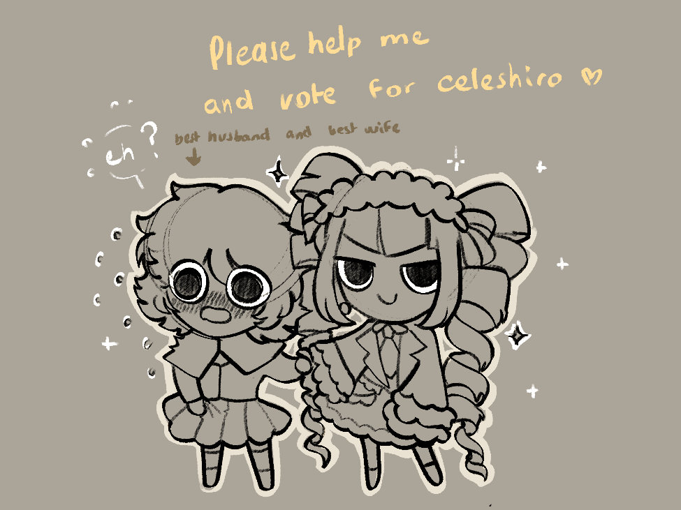 1boy 1girl blush celestia_ludenberg chibi closed_mouth crossdressing danganronpa:_trigger_happy_havoc danganronpa_(series) dress drill_hair english_text fujisaki_chihiro grey_background jacket long_hair long_sleeves miniskirt short_hair skirt smile trap twin_drills twinklelitchii twintails