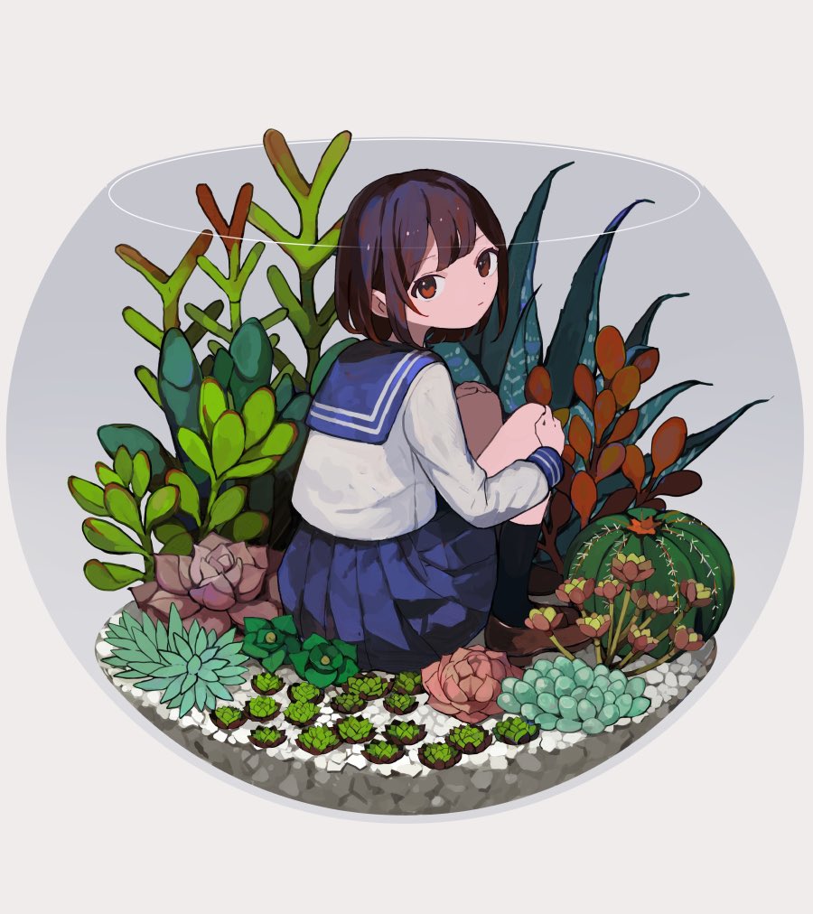 1girl black_socks blue_sailor_collar blue_skirt brown_eyes brown_hair brown_shoes fishbowl from_behind hands_on_own_knees knees_up long_sleeves looking_at_viewer looking_back original plant pleated_skirt s1ho_(ukiy0u0) sailor_collar school_uniform serafuku shirt shoes simple_background sitting skirt socks solo white_shirt