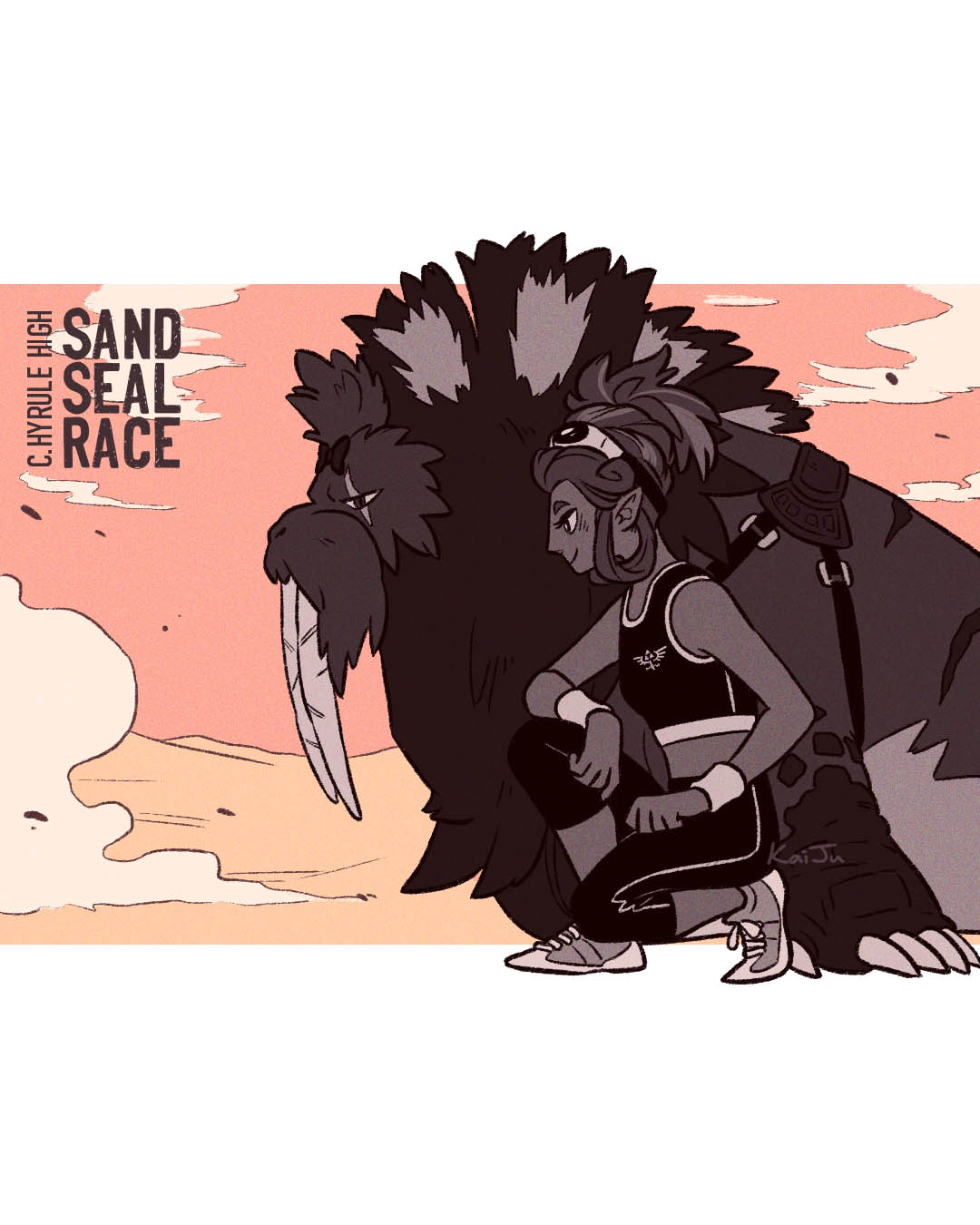 1girl alternate_costume alternate_hairstyle breasts claws english_text eyewear_on_head from_side gerudo goggles goggles_on_head greyscale highres kneeling limited_palette mochidayo_(kaiju) monochrome nintendo pants pet pink_sky riju saddle sand sand_seal_(zelda) scar scar_across_eye scar_on_face shoes sky small_breasts smile sneakers sports_bra sportswear tank_top the_legend_of_zelda the_legend_of_zelda:_breath_of_the_wild track_pants triforce_print updo walrus