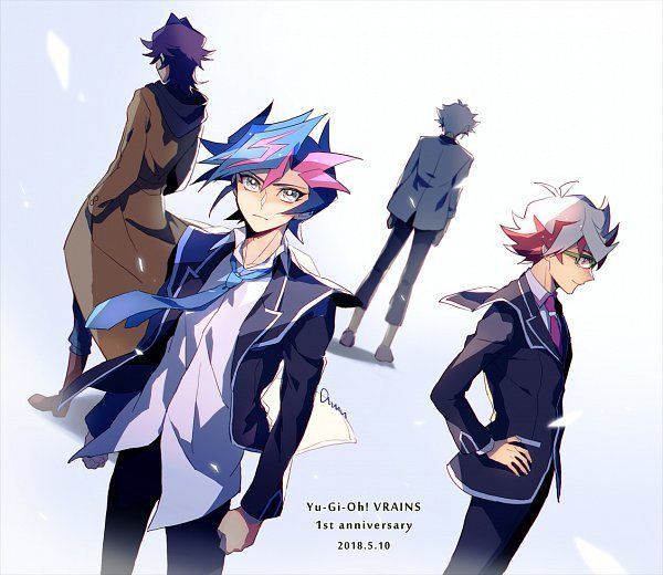 4boys amano_(amn_0w0) arms_at_sides bad_id bad_pixiv_id black_jacket black_pants blue_eyes blue_hair blue_necktie brown_footwear brown_jacket clenched_hands coat colored_bangs dappled_sunlight dated denim dress_shirt colored_bangs english_text facing_away facing_to_the_side facing_viewer fujiki_yusaku glasses green_eyes grey_footwear grey_jacket hands_in_pockets hands_on_own_hips homura_takeru hood hoodie jacket jeans kogami_ryoken kusanagi_shouichi looking_at_viewer looking_to_the_side looking_up male_focus multicolored_hair multiple_boys necktie open_clothes open_jacket pants peacoat purple_hair purple_hood purple_hoodie red_necktie school_uniform semi-rimless_eyewear shirt smile spiked_hair streaked_hair sunlight trench_coat untucked_shirt white_background white_hair white_shirt yu-gi-oh! yu-gi-oh!_vrains