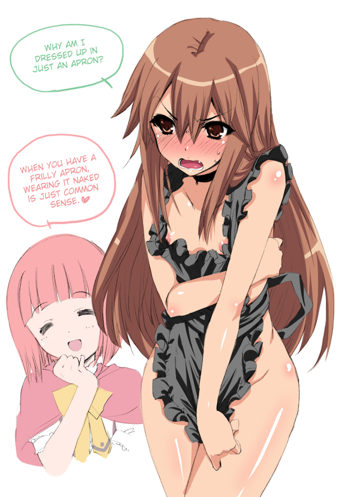 10s 2girls :d akai_ringo apron areola_slip blush breasts brown_hair covering_privates closed_eyes flat_chest hard-translated long_hair multiple_girls naked_apron ookami-san ookami_ryouko open_mouth small_breasts smile third-party_edit translated truth uguisu_kagura very_long_hair wavy_mouth