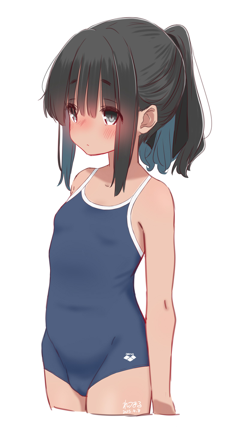 1girl arena_(company) artist_name bare_shoulders black_hair blue_hair blunt_bangs blush breasts closed_mouth competition_school_swimsuit cropped_legs dated dot_mouth grey_eyes highres looking_ahead multicolored_hair one-piece_swimsuit original ponytail retsumaru school_swimsuit short_hair sidelocks signature simple_background small_breasts solo standing swimsuit white_background