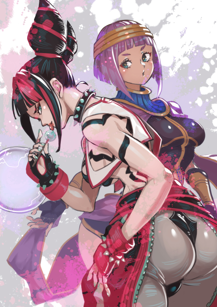 2girls ass baggy_pants blunt_bangs bracelet breasts chinese_clothes collar crystal_ball dark-skinned_female dark_skin drill_hair dudou fingerless_gloves gloves green_eyes hair_horns han_juri jewelry kuwango looking_at_viewer medium_breasts menat multiple_girls panties_over_leggings pants purple_hair short_hair spiked_anklet spiked_bracelet spiked_collar spikes street_fighter street_fighter_6 street_fighter_v twin_drills