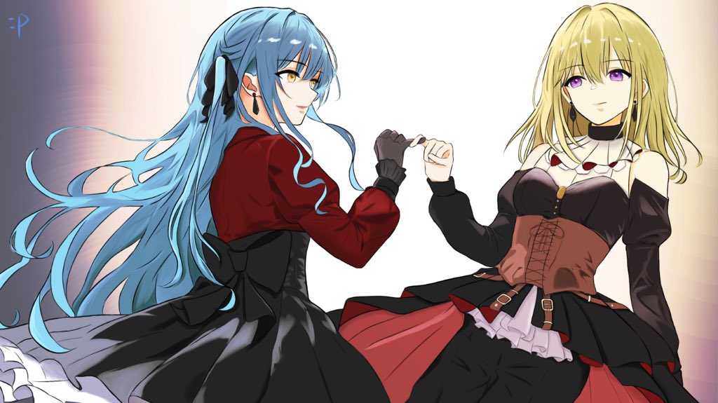 2girls bang_dream! bang_dream!_it&#039;s_mygo!!!!! black_bow black_dress black_gloves black_shorts black_skirt blonde_hair blue_hair bow brown_corset closed_mouth clothing_cutout commentary corset doloris_(bang_dream!) dress earrings gloves hair_between_eyes hair_ribbon jewelry juliet_sleeves long_hair long_sleeves medium_hair misumi_uika momokan_1209 multiple_girls oblivionis_(bang_dream!) parted_lips pinky_swear puffy_sleeves purple_eyes ribbon shorts shorts_under_dress shoulder_cutout sidelocks skirt togawa_sakiko yellow_eyes