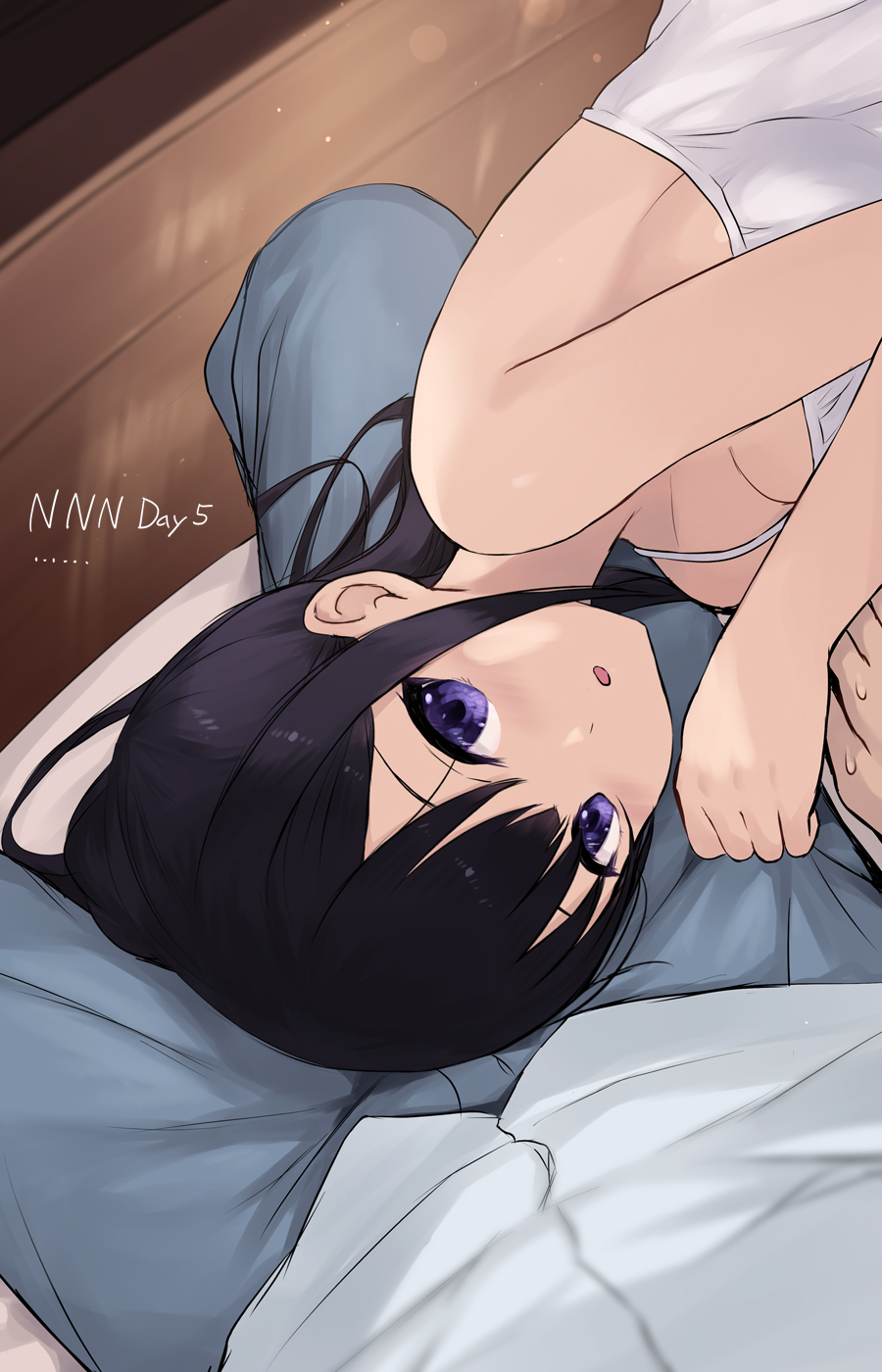 1boy 1girl bare_arms bare_shoulders black_hair cait_aron from_above grey_pants highres looking_at_viewer looking_up lying on_side original pants parted_lips purple_eyes shirt sleeveless solo_focus white_shirt