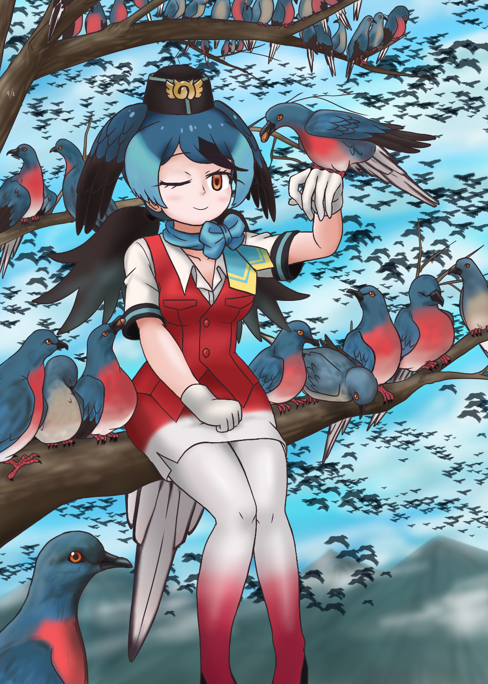 1girl adansosutega bird bird_girl bird_tail bird_wings black_hair blue_hair blush bow breasts cloud creature_and_personification flight_attendant gloves gradient_clothes gradient_legwear gradient_skirt hat head_wings highres japari_symbol kemono_friends kemono_friends_2 kemono_friends_3 looking_at_viewer mountain multicolored_hair one_eye_closed pantyhose passenger_pigeon passenger_pigeon_(kemono_friends) personification red_pantyhose shirt short_sleeves sitting_on_branch skirt sky smile solo spotted_hair tail too_many too_many_birds travel_attendant tree two-tone_pantyhose vest wings