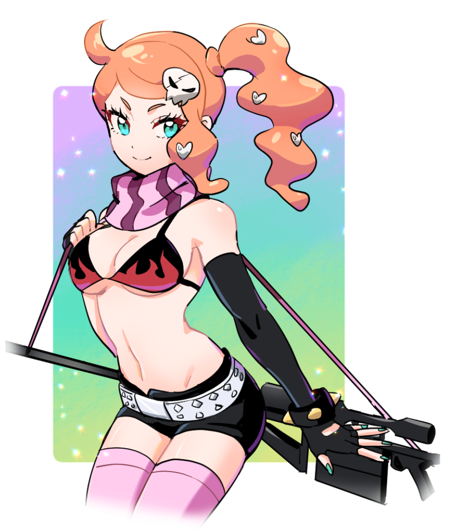 1girl ahoge aqua_eyes bad_id bad_twitter_id bare_shoulders belt bikini bikini_top_only black_bikini black_gloves black_shorts bracelet breasts cleavage closed_mouth commentary_request cosplay creatures_(company) cropped_legs dede_(qwea_00000) elbow_gloves female_focus fingerless_gloves flame_print game_freak gloves gradient_background gun hair_ornament heart heart_hair_ornament inoue_marina jewelry korean_commentary long_hair looking_at_viewer medium_breasts nail_polish navel nintendo orange_hair outside_border pink_thighhighs pokemon pokemon_swsh print_bikini purple_scarf rifle scarf short_shorts shorts side_ponytail single_sidelock skull_hair_ornament smile sniper_rifle solo sonia_(pokemon) spiked_bracelet spikes stomach striped_clothes striped_scarf studded_belt swept_bangs swimsuit tengen_toppa_gurren_lagann thighhighs underboob voice_actor_connection weapon yoko_littner yoko_littner_(cosplay)