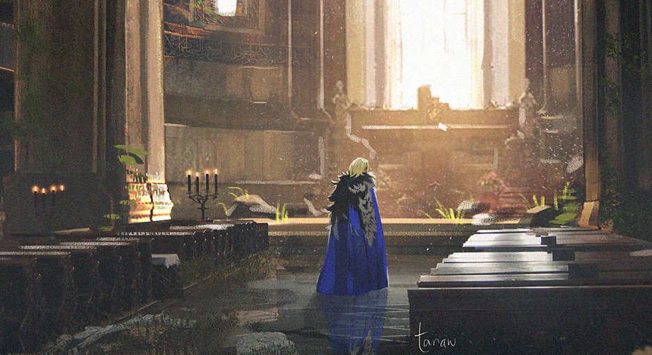 1boy artist_name black_fur blonde_hair blue_cape candelabra candlestand cape church dimitri_alexandre_blaiddyd dimitri_alexandre_blaiddyd_(timeskip) fire_emblem fire_emblem:_three_houses from_behind grass indoors male_focus medium_hair nintendo pew pillar plant solo standing takawbird window