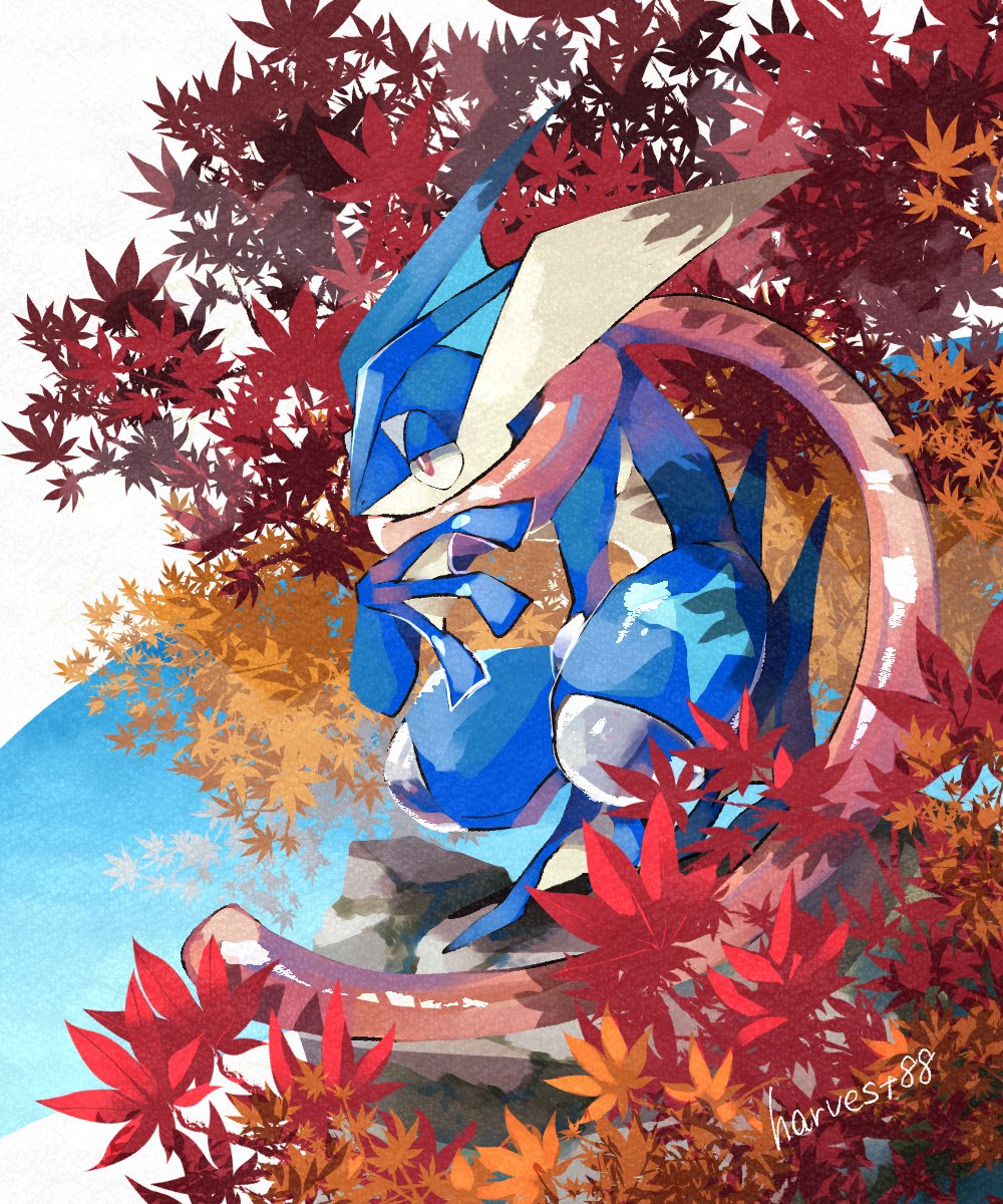 animal_focus artist_name autumn_leaves blue_skin blue_sky colored_skin commentary_request gen_6_pokemon greninja harvest88 highres in_tree leaf nintendo no_humans pokemon pokemon_(creature) red_eyes sitting sitting_in_tree sky solo squatting tree twitter_username webbed_feet webbed_hands
