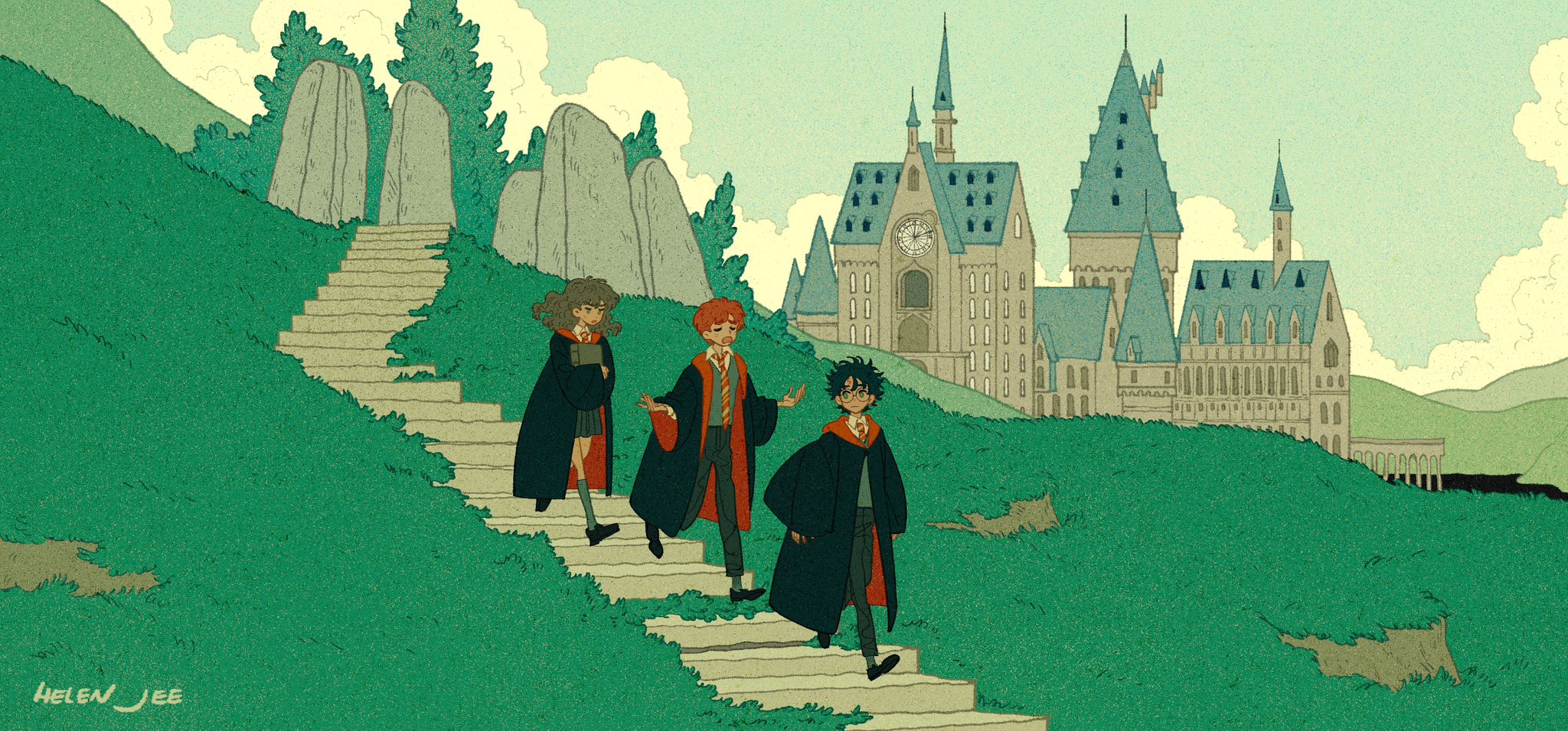 1girl 2boys black_hair black_robe book brown_hair building closed_mouth cloud cloudy_sky collared_shirt glasses grass grey_skirt grey_socks harry_potter harry_potter_(series) helen_jee hermione_granger highres hogwarts_school_uniform holding holding_book long_hair multiple_boys necktie open_mouth outdoors red_hair robe ron_weasley school_uniform shirt short_hair skirt sky socks striped_necktie walking wizarding_world