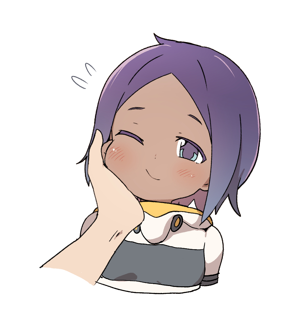 1girl blue_eyes blush coco_mercury dark_skin flying_sweatdrops hand_on_another&#039;s_face last_origin looking_at_viewer luke_(dydansgur) one_eye_closed purple_hair short_hair smile solo_focus white_background