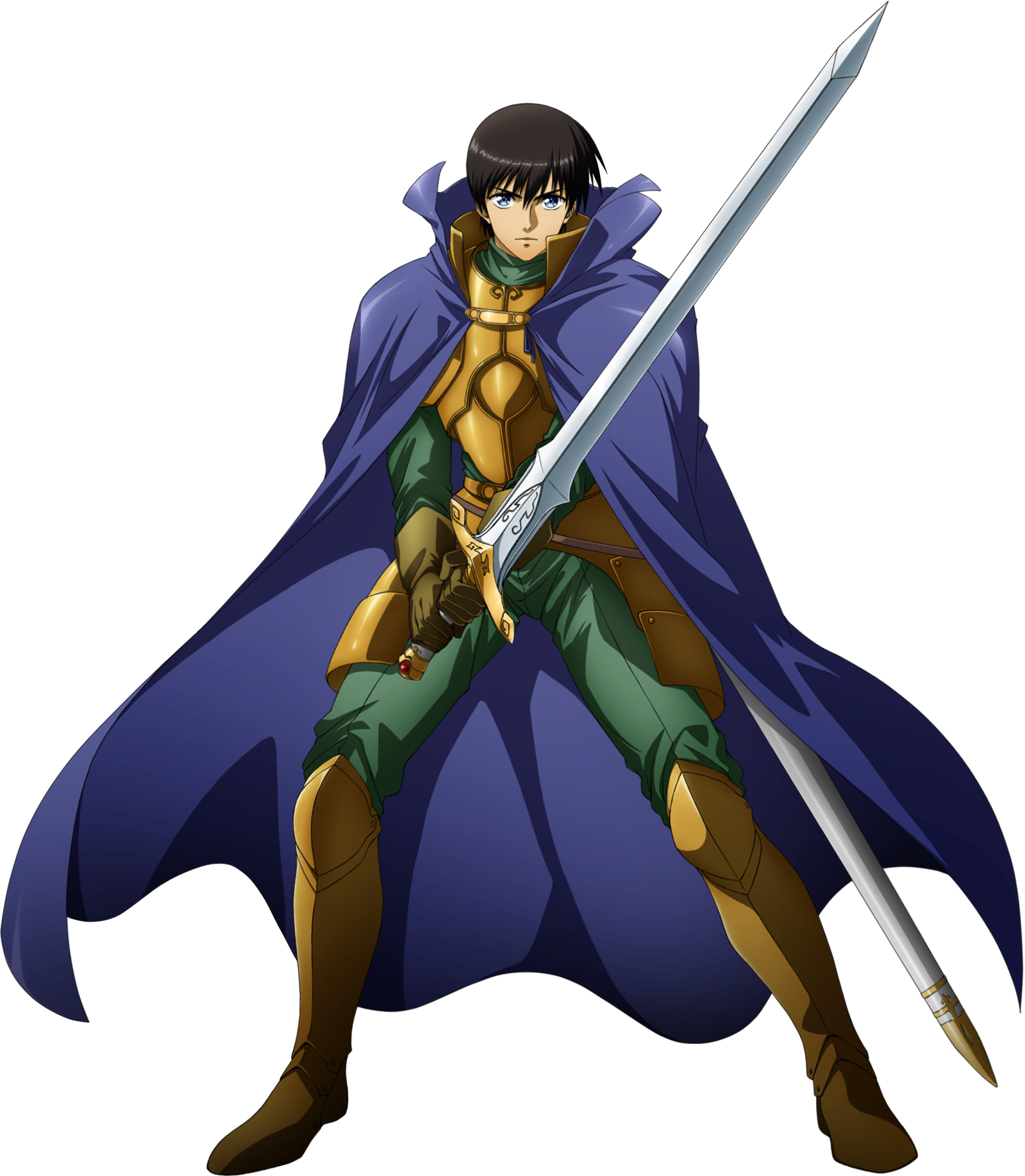 1boy armor black_hair blue_eyes cape character_name dieselburns elbow_gloves full_body gloves highres knight langrisser langrisser_mobile looking_at_viewer male_focus official_art pants parn_(lodoss) parted_lips record_of_lodoss_war serious short_hair solo sword weapon