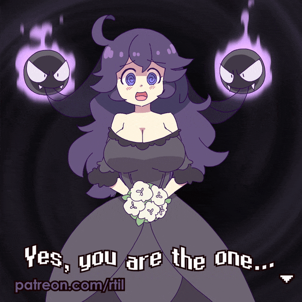1girl @_@ alternate_breast_size animated animated_gif bare_shoulders black_dress bouncing_breasts bouquet breasts bridal_veil bride dress english_text flower gastly gen_1_pokemon heart heart-shaped_pupils hex_maniac_(pokemon) large_breasts looking_at_viewer nintendo pokemon pokemon_(creature) pokemon_xy purple_hair rtil smile subtitled symbol-shaped_pupils veil wedding_dress