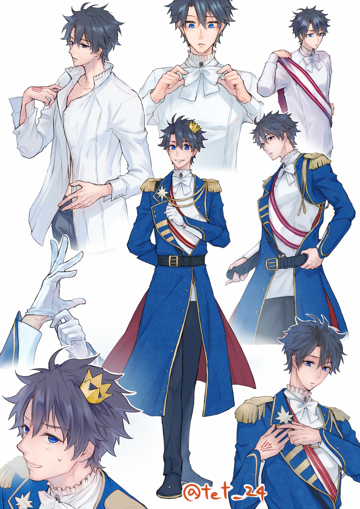 1boy aiguillette alternate_costume belt belt_buckle black_belt black_footwear black_hair black_pants blue_eyes blue_jacket bow bowtie buckle buttons command_spell commentary_request crown dressing epaulettes fate/grand_order fate_(series) formal_clothes frills fujimaru_ritsuka_(male) fujimaru_ritsuka_(male)_(halloween_royalty) gloves grin hair_between_eyes halloween jacket long_sleeves looking_at_viewer male_focus mini_crown multiple_views official_alternate_costume pants shirt shoes short_hair simple_background smile sweatdrop teeth tet_24 twitter_username white_background white_bow white_gloves white_neckwear white_shirt