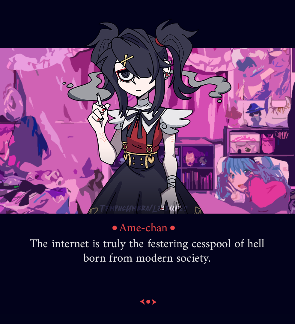 1girl ame-chan_(needy_girl_overdose) arm_up bandaged_arm bandages bedroom black_eyes black_hair bookshelf cigarette dialogue_box earrings english_text eyeshadow hair_ornament hair_over_one_eye hatsune_miku heart heart_earrings helltaker holding holding_cigarette jewelry letterboxed makeup messy_room multicolored_nails multiple_scars neck_ribbon needy_girl_overdose outside_border pink_background red_eyeshadow ribbon scar scar_on_arm short_twintails sidelocks skirt smoking solo suspender_skirt suspenders tempusumbra twintails upper_body vase vocaloid winged_sleeves wrist_cutting x_hair_ornament