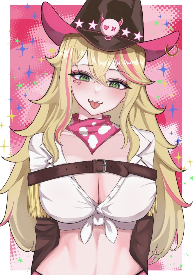 1girl animal_print bandana blonde_hair breasts brown_sleeves commentary cow_print cowboy_hat english_commentary eyeshadow facial_mark front-tie_top green_eyes hair_between_eyes hat heart heart_facial_mark indie_virtual_youtuber large_breasts long_hair looking_at_viewer lulu_lasso makeup multicolored_hair pink_background pink_bandana pink_eyeshadow second-party_source shirt solo star_(symbol) streaked_hair teeth tongue tongue_out upper_teeth_only virtual_youtuber white_shirt xxmmxxyy