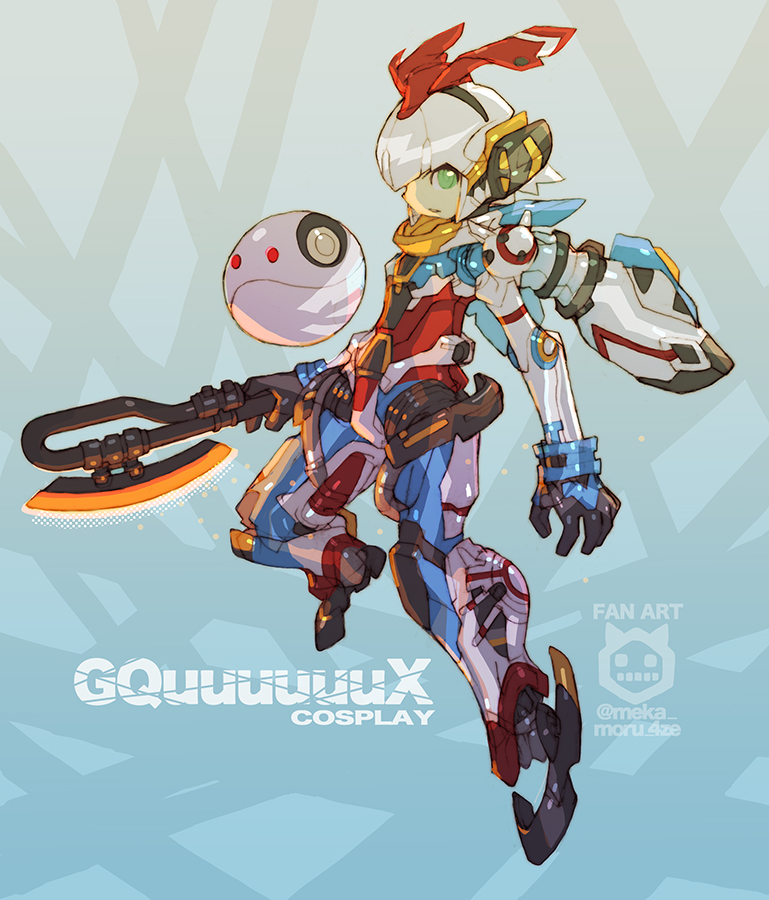 armor axe full_body gquuuuuux green_eyes gundam gundam_gquuuuuux haro headgear heat_hawk helmet holding holding_axe holding_weapon looking_at_viewer mecha mecha_focus mecha_musume mechanical_arms mechanical_legs mobile_suit nakayama_tooru open_mouth personification robot science_fiction thrusters v-fin weapon