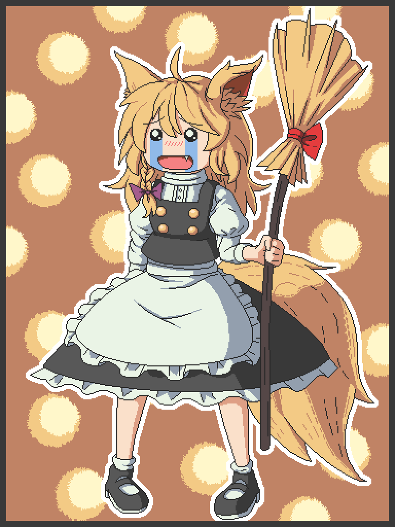 aksawshin animal_ears apron black_footwear black_skirt black_vest blonde_hair bow braid broom buttons fox_ears frilled_skirt frills hair_bow hat hat_bow kirisame_marisa kitsune long_hair mary_janes meme no_headwear pixel_art puffy_short_sleeves puffy_sleeves shirt shoes short_sleeves side_braid single_braid skirt skirt_set socks the_memories_of_phantasm touhou turtleneck unfinished_dream_of_all_living_ghost vest waist_apron white_apron white_bow white_shirt wily_beast_and_weakest_creature youkai_fox_(wild_and_horned_hermit)