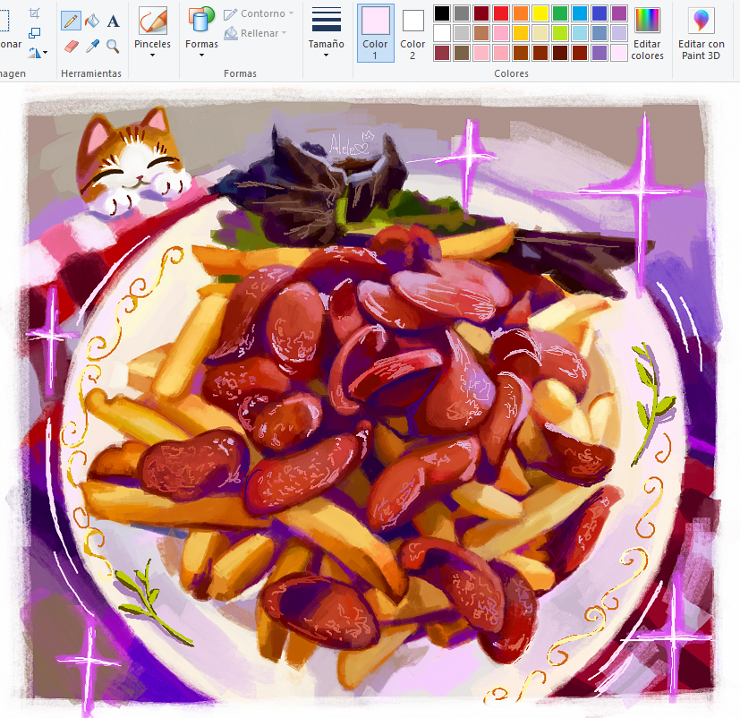 alwaysalele art_program_in_frame cat closed_eyes commentary food food_focus french_fries garnish herb lettuce microsoft_paint_(medium) microsoft_paint_(software) no_humans original plate salchipapa sausage sausage_slice signature sparkle tablecloth