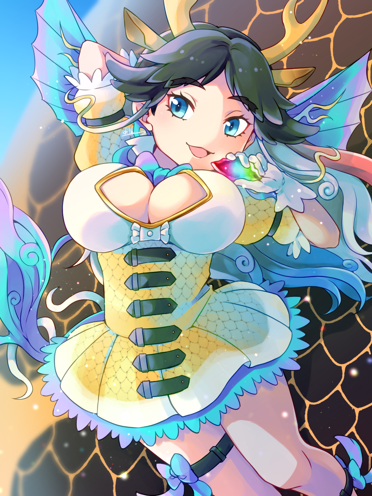 1girl animal_ears black_hair blue_eyes bow bowtie breasts cleavage cleavage_cutout clothing_cutout dragon_ears dress giraffe_ears giraffe_girl giraffe_horns giraffe_tail gloves highres horns kemono_friends kemono_friends_3 kirin_(kemono_friends) large_breasts long_hair multicolored_hair red_hair scale_print smile solo tail tasa_mo_nochi white_hair wings yellow_trim