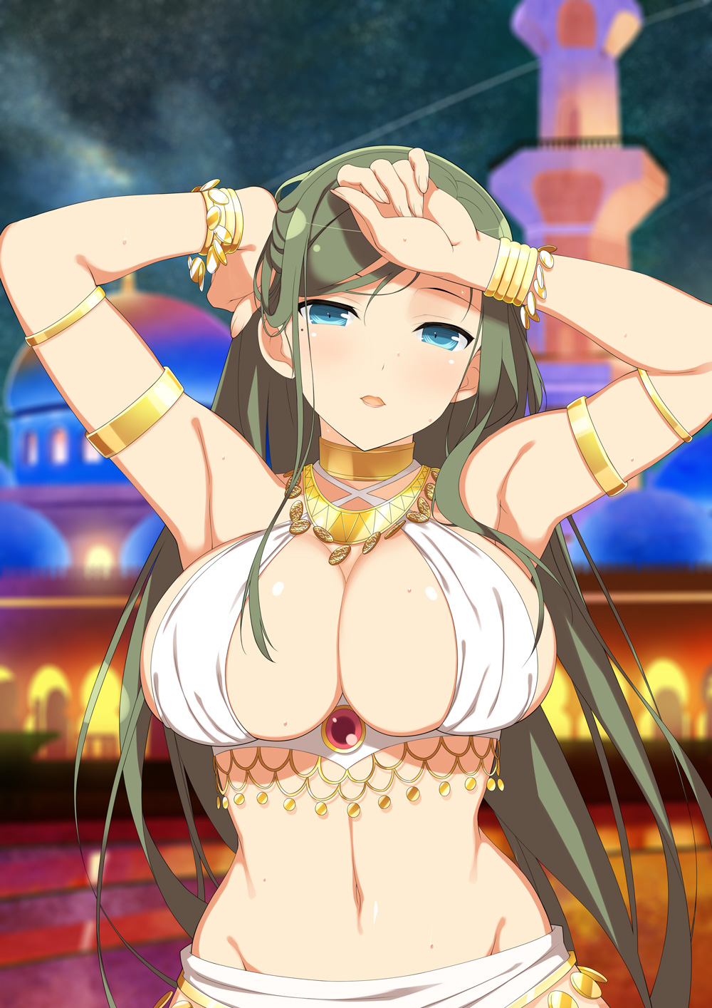 1girl arabian_clothes armband armlet armpits arms_up blue_eyes blush bracelet breasts brooch building city_lights cleavage come_hither criss-cross_halter fuga_(senran_kagura) gem gold gold_bracelet gold_choker gold_necklace gold_trim green_hair groin halterneck harem_outfit highres jewelry large_breasts linea_alba long_hair looking_at_viewer middle_eastern_architecture mole mole_under_eye navel neck_ring necklace night night_sky official_art open_mouth outdoors parted_lips red_gemstone senran_kagura senran_kagura_new_wave shiny_skin sky solo star_(sky) starry_sky wide_hips window yaegashi_nan