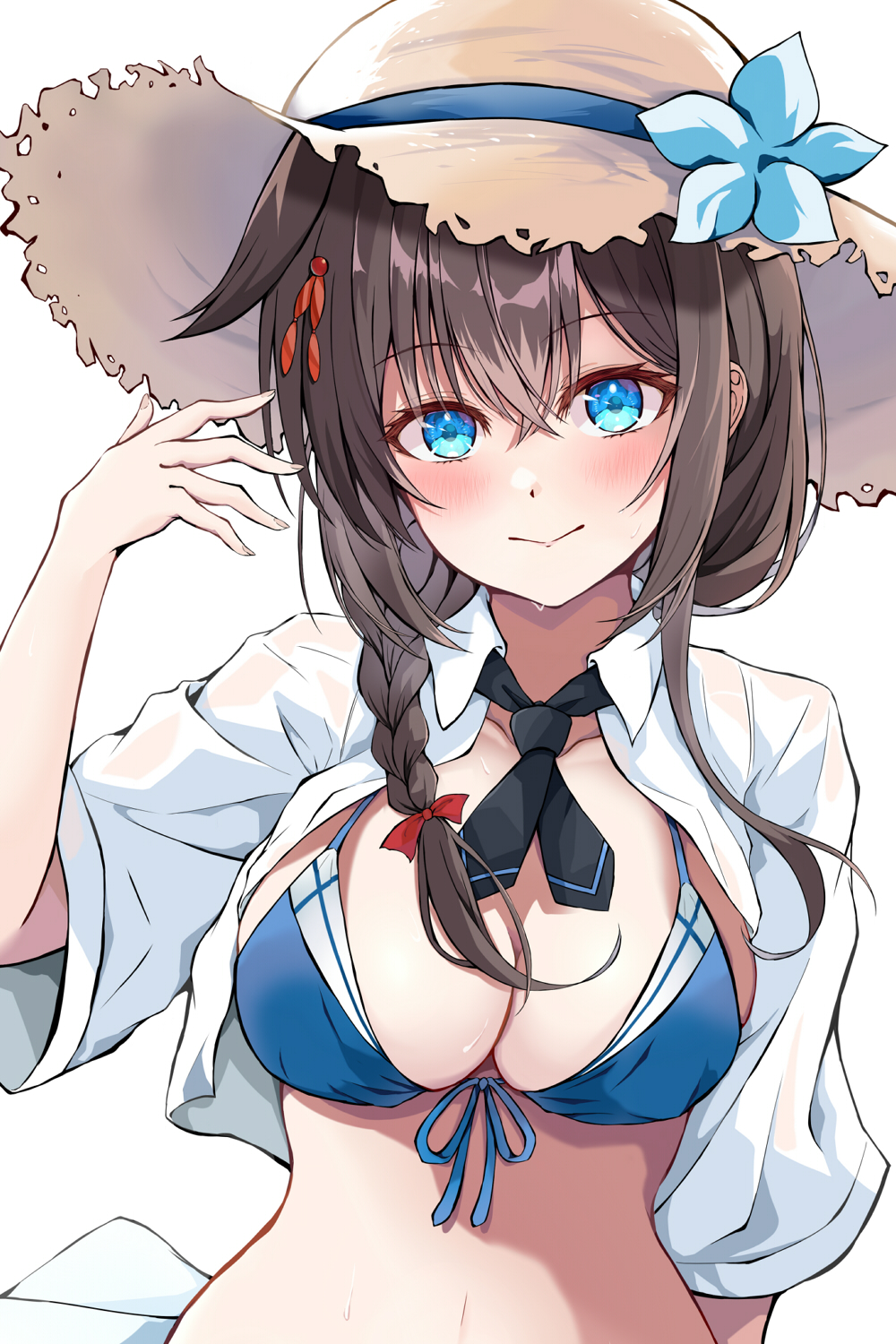 1girl bikini blue_bikini blue_eyes braid breasts brown_hair cleavage dairyo3 flower front-tie_bikini_top front-tie_top hair_between_eyes hair_flaps hat hat_flower highres kantai_collection long_hair medium_breasts navel official_alternate_costume shigure_(kancolle) shigure_kai_san_(kancolle) shigure_kai_san_(swimsuit)_(kancolle) shirt single_braid solo straw_hat swimsuit upper_body white_shirt
