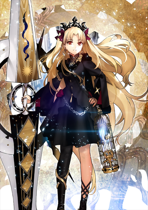 1girl asymmetrical_legwear black_choker black_dress black_jacket black_leotard black_thighhighs blonde_hair bow breasts cage cape chain choker closed_mouth contrapposto curtained_hair double_blade dress earrings ereshkigal_(fate) fate/grand_order fate_(series) feet_out_of_frame fingernails floating_hair fur-trimmed_cape fur-trimmed_jacket fur_trim gold_anklet gold_earrings grin hair_bow hand_on_own_hip high_collar holding holding_weapon jacket jewelry leotard light_particles long_hair long_sleeves looking_at_viewer medium_breasts morii_shizuki multiple_anklets nail_polish official_art red_bow red_cape red_eyes short_dress single_thighhigh skull smile solo spirit standing thighhighs third-party_source tiara two-sided_cape two-sided_fabric two_side_up variant_set very_long_hair weapon yellow_background