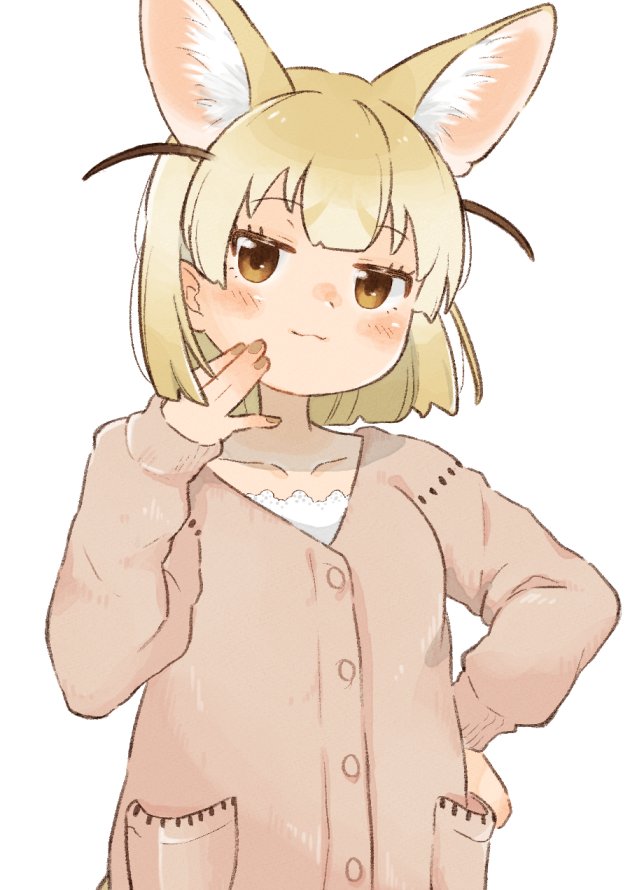 0nanaten 1girl :3 alternate_costume animal_ears blonde_hair blush casual extra_ears fennec_(kemono_friends) fox_ears fox_girl fox_tail hair_between_eyes kemono_friends lace_shirt long_sleeves multicolored_hair nail_polish pink_sweater shirt sidelocks sleeves_past_wrists solo sweater tail upper_body white_hair white_shirt yellow_eyes