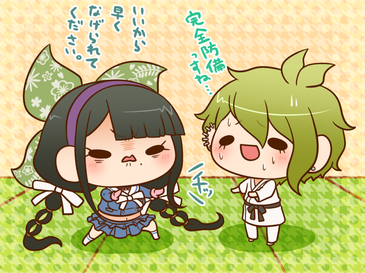 1boy 1girl alternate_costume amami_rantaro angry antenna_hair barefoot bell belt black_belt black_bow black_eyes black_hair blue_serafuku blue_shirt blue_skirt blunt_ends bow bowtie breasts buttons chabashira_tenko chibi choker collared_shirt commentary_request danganronpa_(series) danganronpa_v3:_killing_harmony dojo dougi ear_piercing earrings eyelashes fighting_stance floral_print frilled_skirt frills furrowed_brow gloves green_bow green_hair hair_between_eyes hair_bow hairband indoors jewelry karate_gi kneehighs large_breasts light_blush long_hair long_sleeves low_twintails midriff miniskirt mole mole_under_mouth multiple_hair_bows multiple_piercings navel neck_bell nervous nervous_smile nervous_sweating no_shoes open_mouth piercing pink_gloves purple_choker purple_hairband sailor_collar school_uniform serafuku shadow shirt short_hair skirt skirt_set smile socks solid_oval_eyes stud_earrings sweat translation_request twintails v-shaped_eyebrows very_long_hair waist_bow wavy_mouth white_bow white_bowtie white_sailor_collar white_socks wooden_floor yumaru_(marumarumaru)