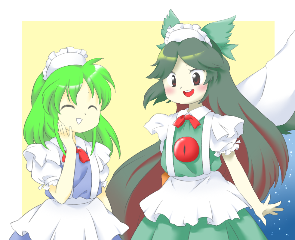 2girls :d ^_^ apron aqua_dress aqua_hair bird_wings bow bowtie cape closed_eyes dress feathered_wings green_hair hand_on_own_face hand_up long_hair maid_headdress multiple_girls nonamejd official_style open_mouth parted_bangs puffy_short_sleeves puffy_sleeves red_bow red_bowtie red_eyes reiuji_utsuho ruukoto short_sleeves smile teeth third_eye third_eye_on_chest touhou touhou_(pc-98) upper_teeth_only very_long_hair white_apron wings zun_(style)
