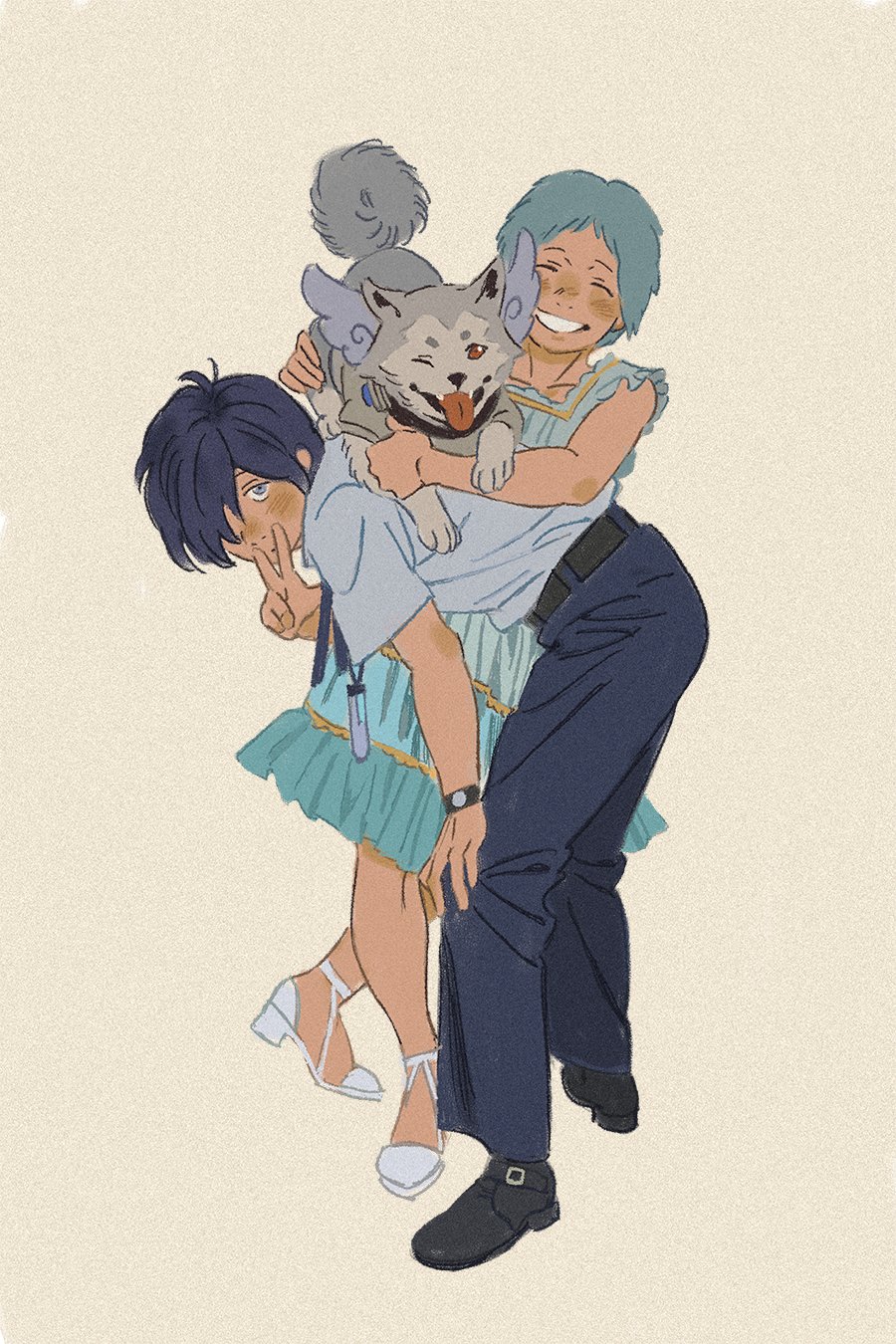 1boy 1girl amber389 animal aqua_hair belt black_belt black_footwear blue_dress blue_eyes blue_hair blue_pants blush closed_eyes collared_shirt digital_media_player digital_walkman dog dress gekkoukan_high_school_uniform grin hair_over_one_eye hand_on_own_knee high_heels highres holding holding_animal koromaru_(persona) leaning_forward neck_ribbon one_eye_closed pants persona persona_3 red_eyes ribbon school_uniform shirt short_hair simple_background sleeveless smile tongue tongue_out v walkman_nw-s203f watch white_footwear white_shirt wings wristwatch yamagishi_fuuka yuuki_makoto_(persona_3)