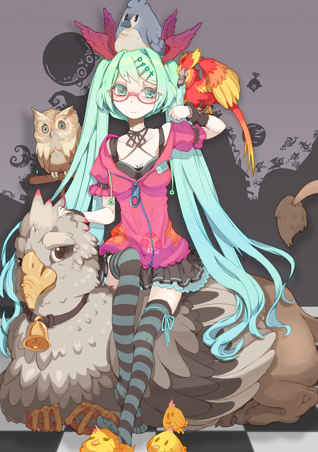 1girl beak bell bespectacled bird chick choker collar creature crossover feathers female_focus gap_(touhou) glasses green_eyes green_hair griffin hair_ornament hairclip hatsune_miku highres katamari_damacy long_hair looking_at_viewer mario_(series) matching_hair/eyes multiple_crossover neck_bell nintendo owl patapon riccae sitting skirt smile solo striped_clothes striped_thighhighs super_mario_bros._1 the_prince thighhighs touhou twintails very_long_hair vocaloid zettai_ryouiki zipper