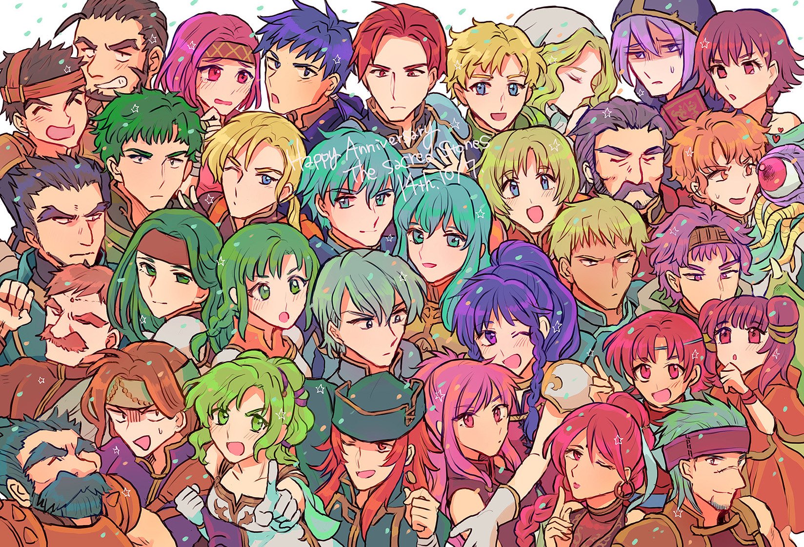 amelia_(fire_emblem) aqua_hair armor artur_(fire_emblem) bare_shoulders blonde_hair blue_eyes blue_hair blush braid breasts cape colm_(fire_emblem) cormag_(fire_emblem) dozla_(fire_emblem) dragon_girl dragon_wings dress duessel_(fire_emblem) earrings eirika_(fire_emblem) ephraim_(fire_emblem) ewan_(fire_emblem) facial_mark fingerless_gloves fire_emblem fire_emblem:_the_sacred_stones forde_(fire_emblem) forehead_mark franz_(fire_emblem) garcia_(fire_emblem) gerik_(fire_emblem) gilliam_(fire_emblem) gloves green_eyes green_hair highres holding innes_(fire_emblem) jewelry joshua_(fire_emblem) knoll_(fire_emblem) kyle_(fire_emblem) l'arachel_(fire_emblem) long_hair looking_at_viewer lute_(fire_emblem) marisa_(fire_emblem) medium_breasts mogall moulder_(fire_emblem) multi-tied_hair multiple_boys multiple_girls myrrh_(fire_emblem) natasha_(fire_emblem) neimi_(fire_emblem) nintendo noshima open_mouth pegasus_knight_uniform_(fire_emblem) pink_hair ponytail purple_eyes purple_hair red_eyes red_hair rennac_(fire_emblem) ross_(fire_emblem) saleh_(fire_emblem) seth_(fire_emblem) short_hair single_braid smile syrene_(fire_emblem) tana_(fire_emblem) tethys_(fire_emblem) twin_braids twintails vanessa_(fire_emblem) wings