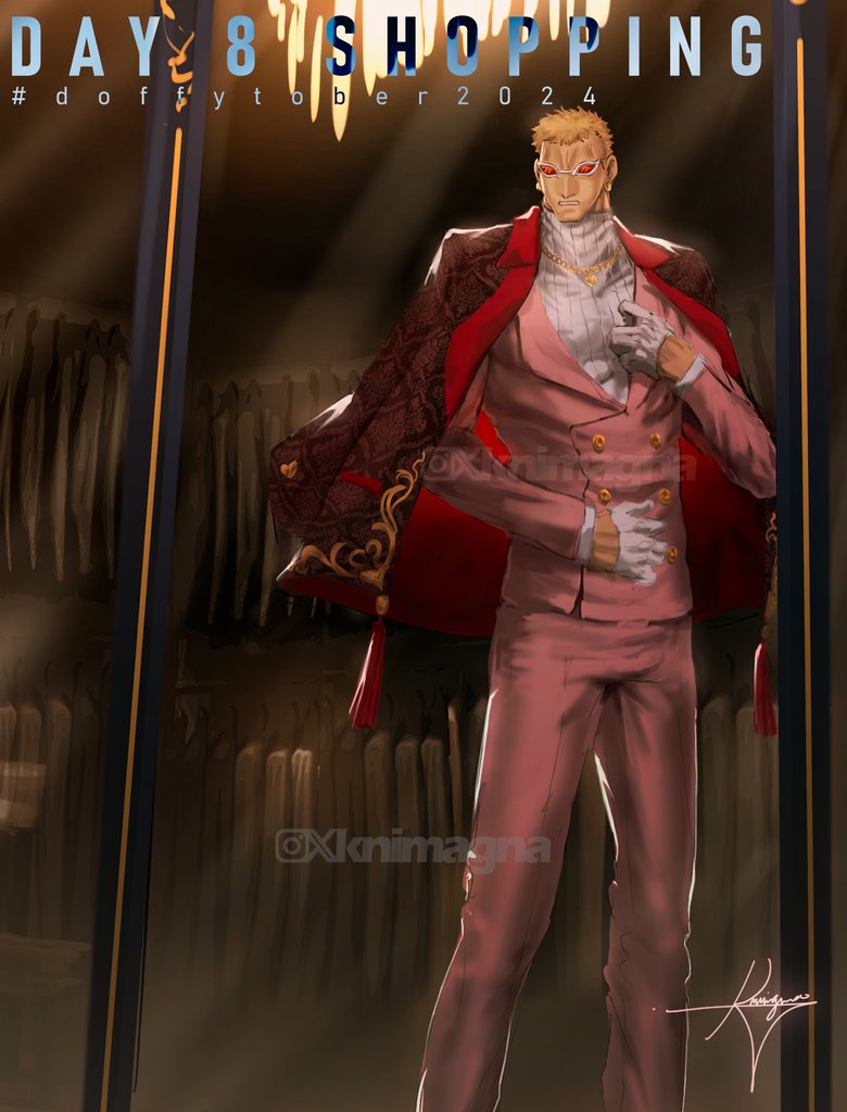 1boy 2024 artist_name blonde_hair brown_jacket chandelier clothes_shop donquixote_doflamingo earrings english_text feet_out_of_frame formal_clothes gloves indoors inktober jacket jacket_on_shoulders jewelry knimagna looking_at_mirror male_focus mirror necklace one_piece open_mouth pants pink_pants pink_suit shop short_hair signature suit sunglasses sweater tassel turtleneck turtleneck_sweater white_gloves white_sweater