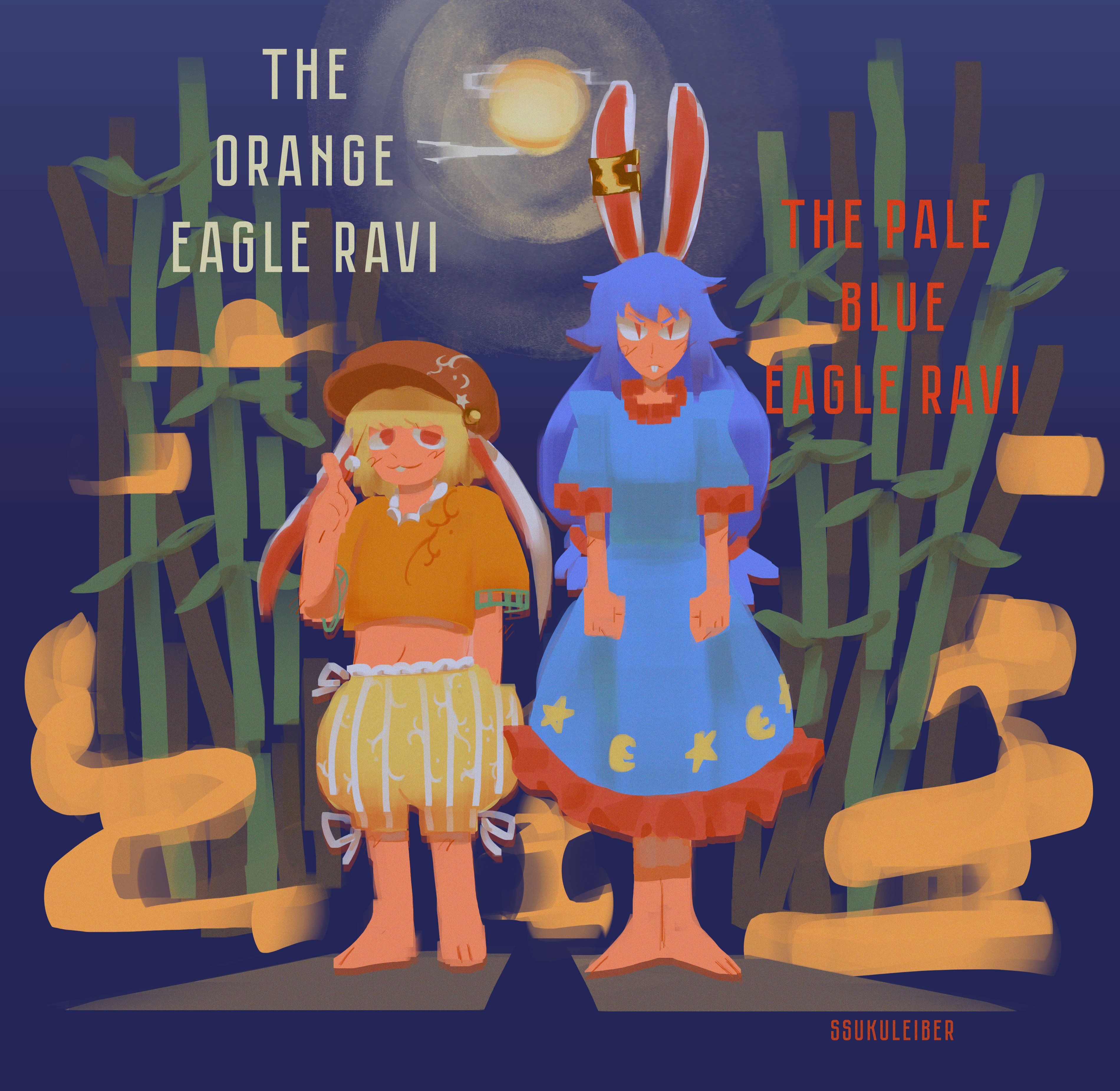 2girls absurdres animal_ears bamboo bamboo_forest blue_dress buck_teeth dango dress english_text flat_cap floppy_ears food forest full_moon hat highres moon multiple_girls nature non-web_source orange_shirt rabbit_ears rabbit_girl ringo_(touhou) seiran_(touhou) self-upload shirt signature sparkle71059204 teeth touhou wagashi