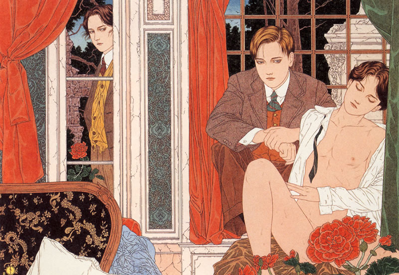 3boys bottomless fine_art_parody flower male_focus multiple_boys necktie nihonga open_clothes open_shirt parody print shirt shunga traditional ukiyo-e window yamamoto_takato yaoi