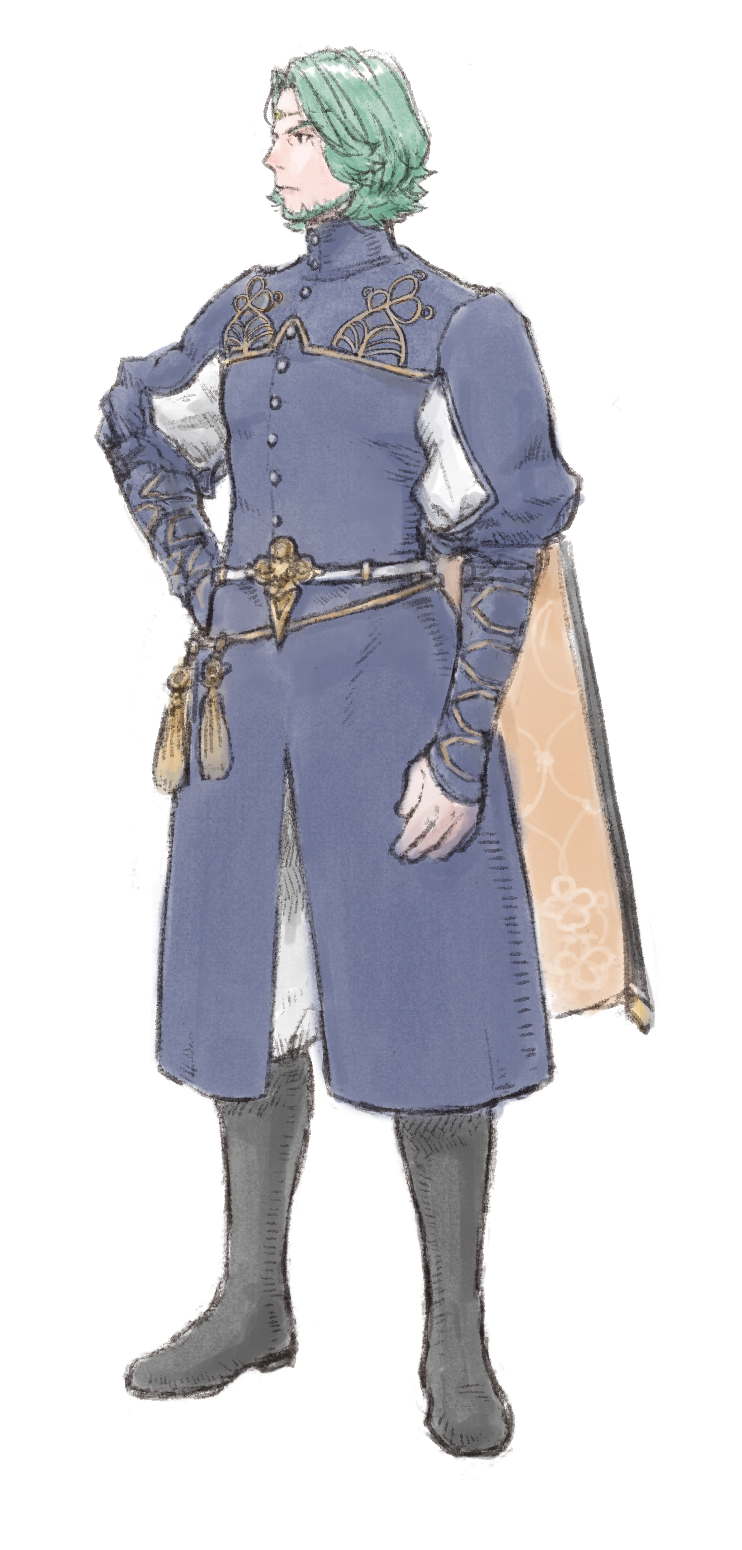 1boy beard black_boots boots cape circlet facial_hair fire_emblem fire_emblem:_three_houses full_body green_facial_hair green_hair hand_on_own_hip highres long_sleeves male_focus nintendo seteth_(fire_emblem) simple_background solo standing white_background windcaller