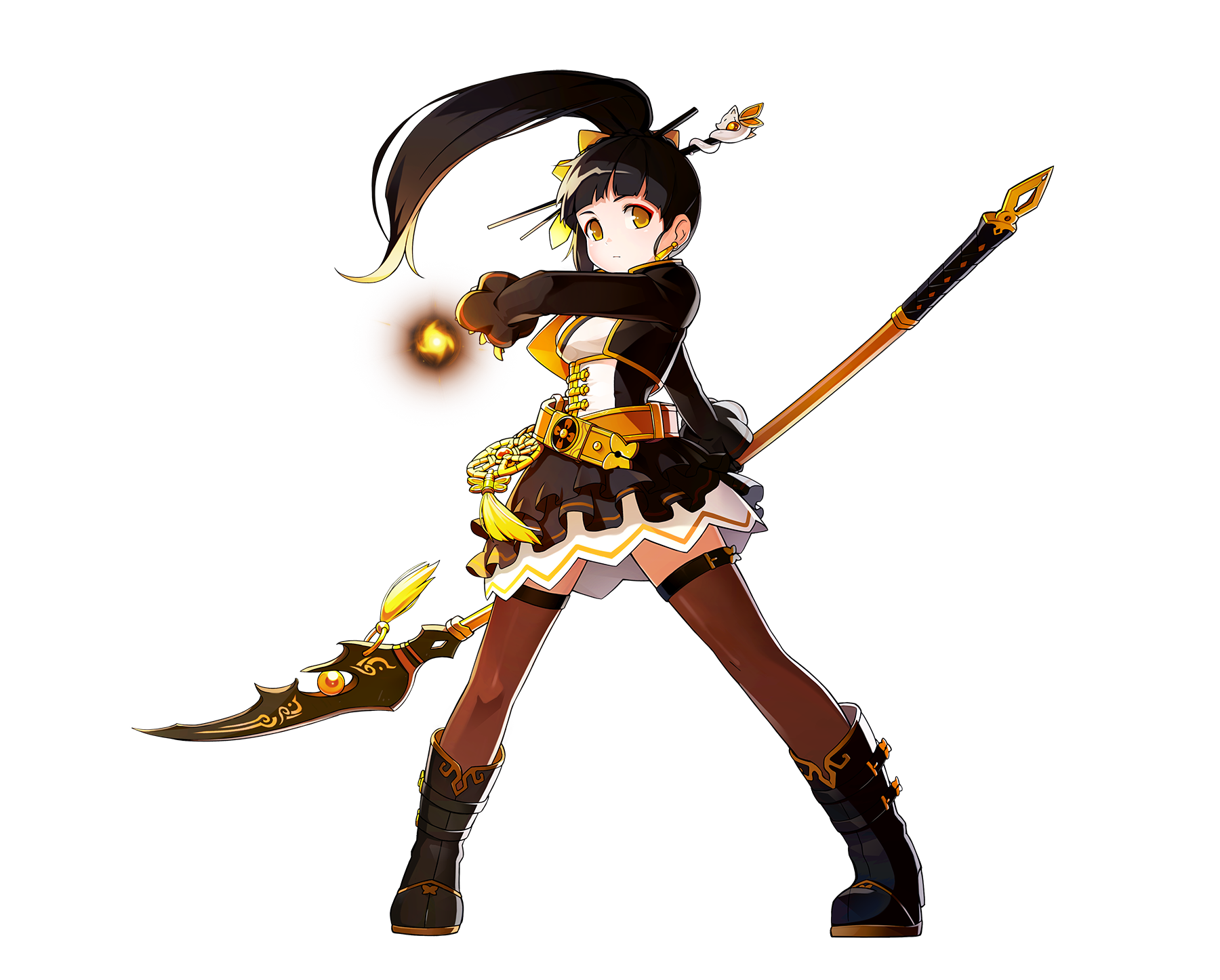 1girl ara_haan belt belt_buckle black_belt black_boots black_hair black_jacket black_skirt blonde_hair blunt_bangs boots bow brown_thighhighs buckle chinese_clothes closed_mouth colored_tips dot_nose earrings elsword expressionless eyeshadow fighting_stance fire floating_hair floral_print frilled_skirt frilled_sleeves frills full_body game_cg gold_buckle hair_bow hair_ornament hairpin high_ponytail highres holding holding_polearm holding_weapon jacket jewelry knees layered_skirt legs_apart light_frown long_hair long_sleeves looking_at_viewer makeup miniskirt multicolored_hair naginata official_art open_clothes open_jacket orange_belt pink_eyeshadow polearm ponytail pyrokinesis sando_(dukedevil) second-party_source see-through_clothes see-through_thighhighs shirt skirt solo standing tachi-e tareme tassel tassel_earrings thigh_belt thigh_strap thighhighs transparent_background weapon white_shirt white_skirt yellow_bow yellow_eyes